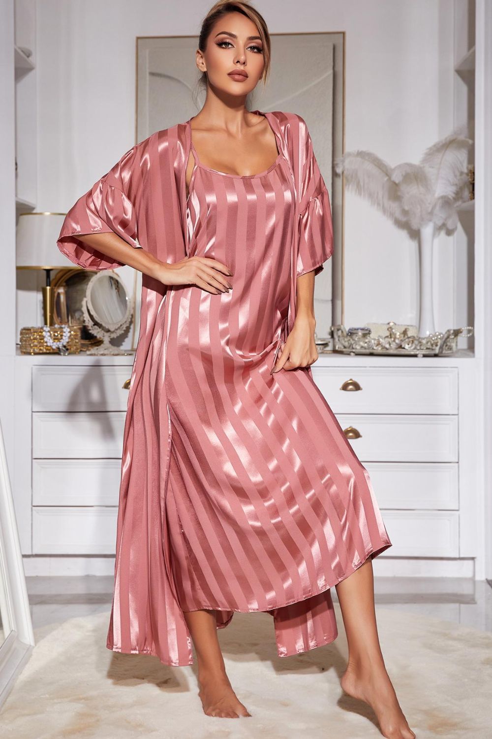 Striped Flounce Sleeve Open Front Robe and Cami Dress Set, NikkiandNaomi