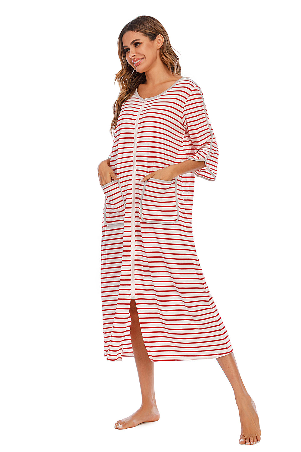 Round Neck Three-Quarter Sleeve Midi Night Dress, NikkiandNaomi