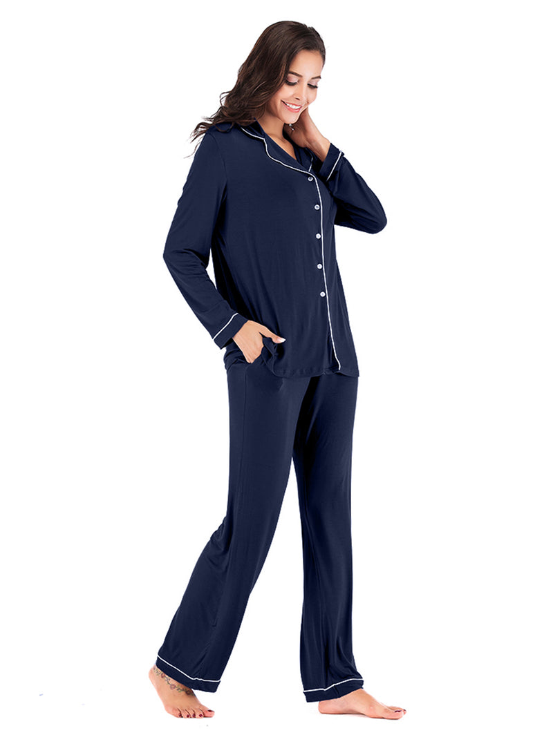 Collared Neck Long Sleeve Loungewear Set with Pockets, NikkiandNaomi