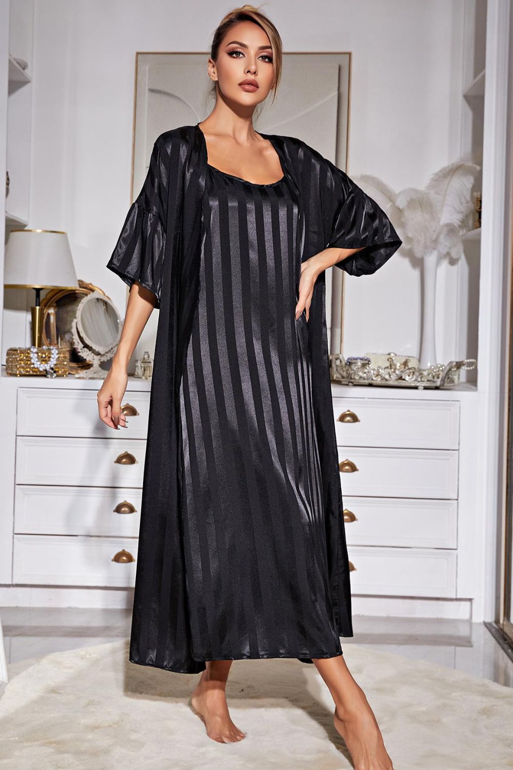 Striped Flounce Sleeve Open Front Robe and Cami Dress Set, NikkiandNaomi