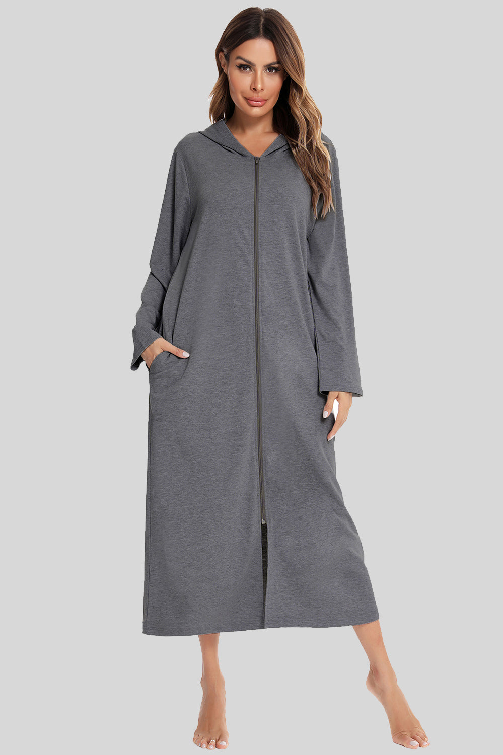 Zip Front Hooded Night Dress with Pockets, NikkiandNaomi