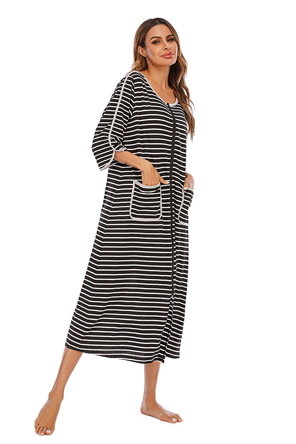 Round Neck Three-Quarter Sleeve Midi Night Dress, NikkiandNaomi