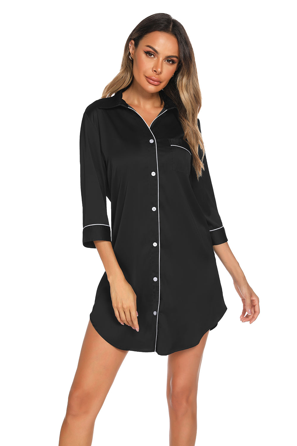 Button Up Collared Neck Night Dress with Pocket, NikkiandNaomi