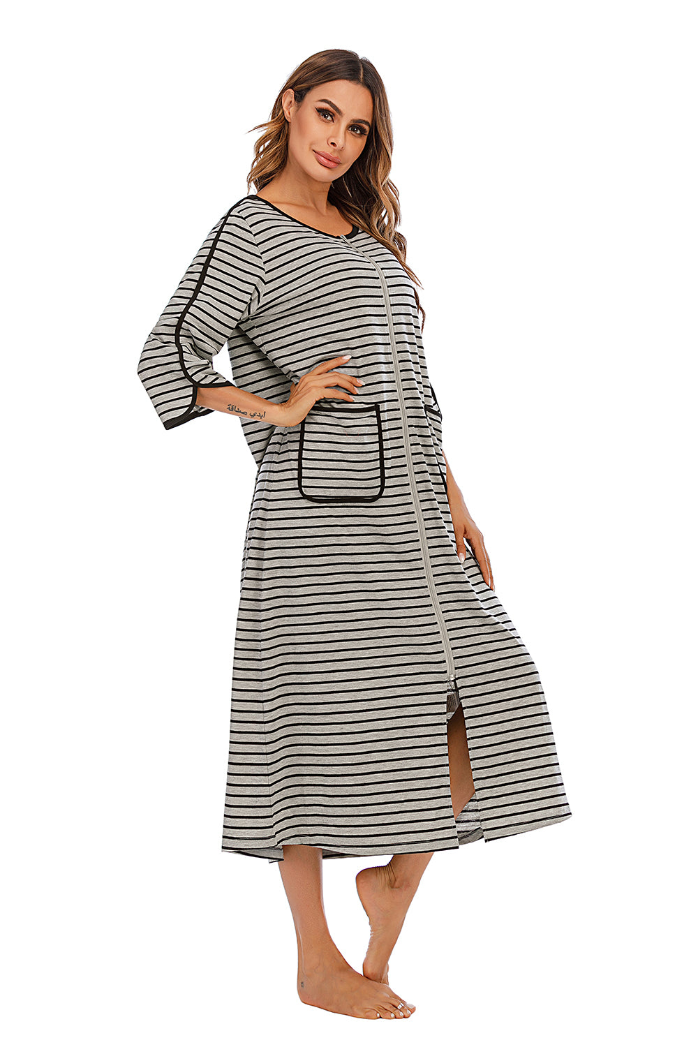 Round Neck Three-Quarter Sleeve Midi Night Dress, NikkiandNaomi