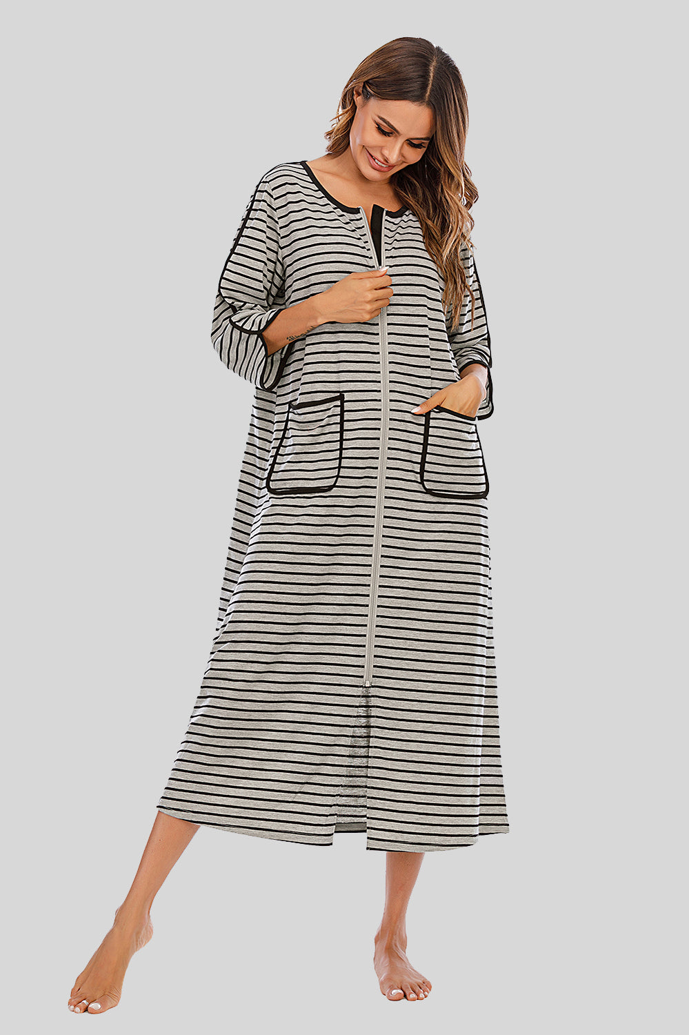 Round Neck Three-Quarter Sleeve Midi Night Dress, NikkiandNaomi