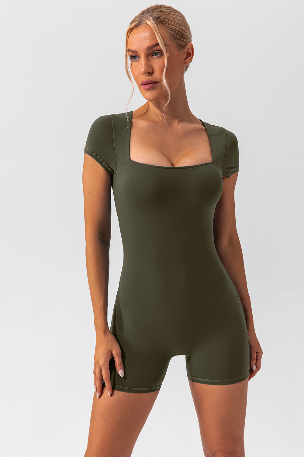 Square Neck Cap Sleeve Active Romper, NikkiandNaomi