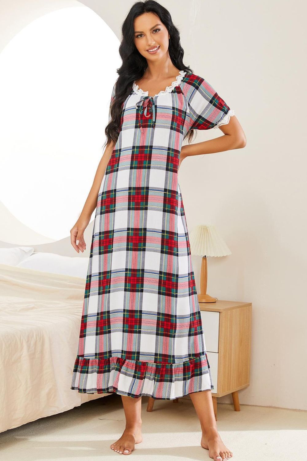 Plaid Lace Trim Ruffle Hem Night Dress, NikkiandNaomi