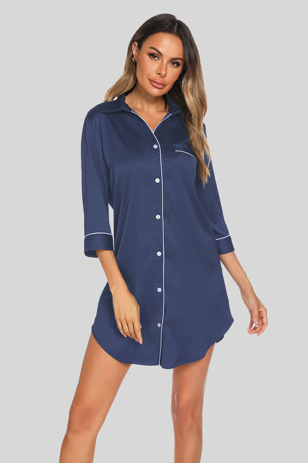 Button Up Collared Neck Night Dress with Pocket, NikkiandNaomi