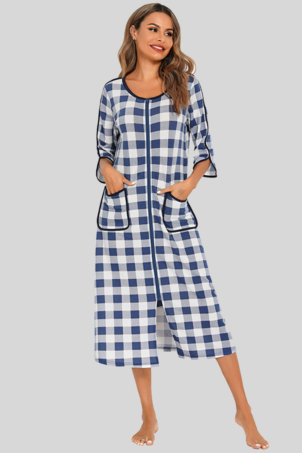 Round Neck Three-Quarter Sleeve Midi Night Dress, NikkiandNaomi