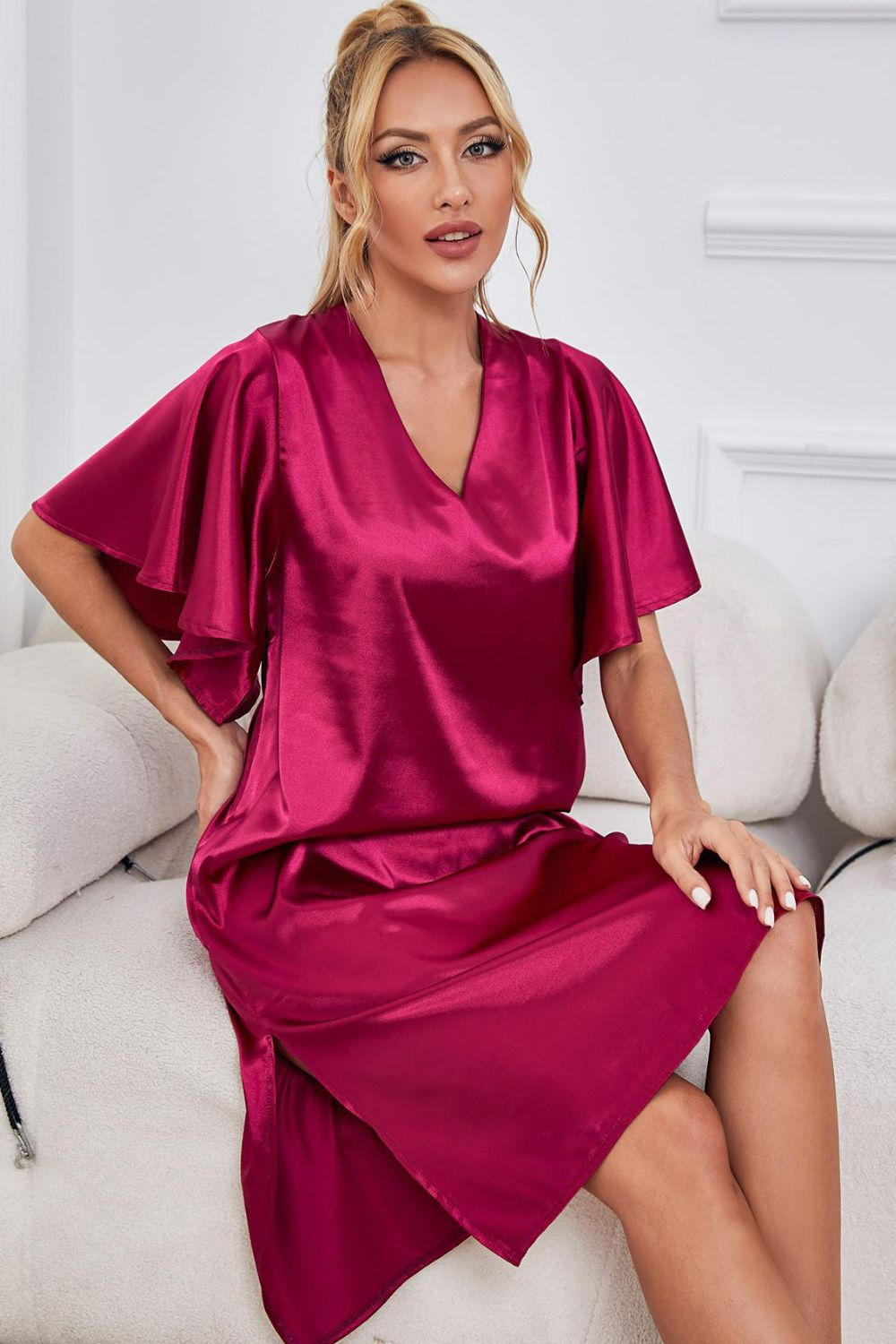 Satin Flutter Sleeve Side Slit V-Neck Night Dress, NikkiandNaomi