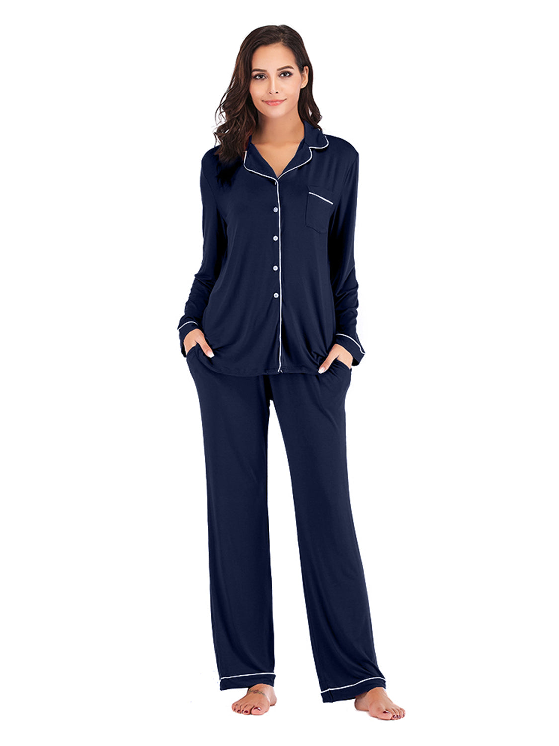 Collared Neck Long Sleeve Loungewear Set with Pockets, NikkiandNaomi