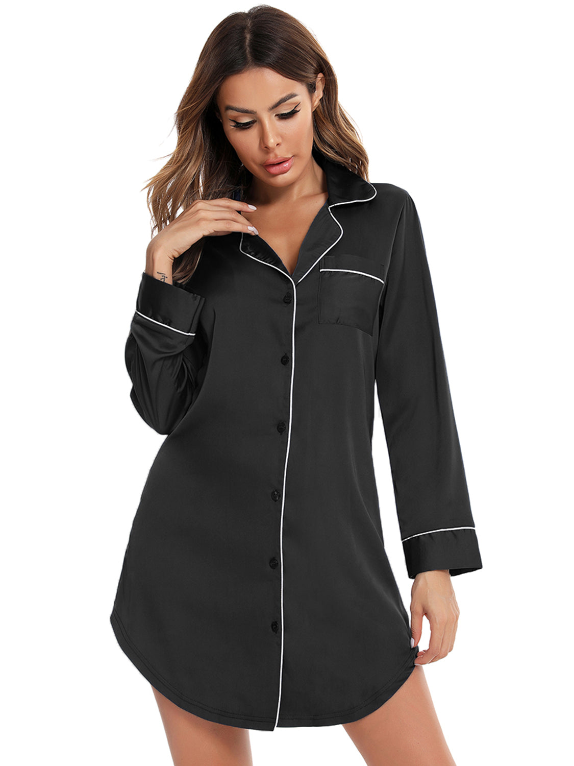 Button Up Lapel Collar Night Dress with Pocket, NikkiandNaomi