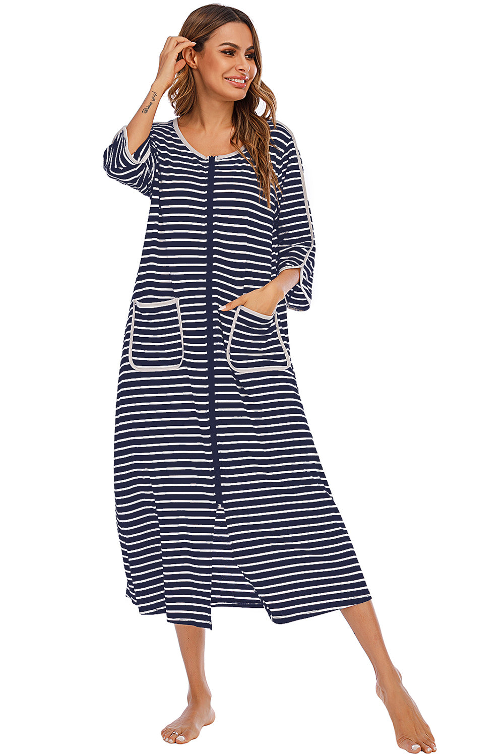 Round Neck Three-Quarter Sleeve Midi Night Dress, NikkiandNaomi