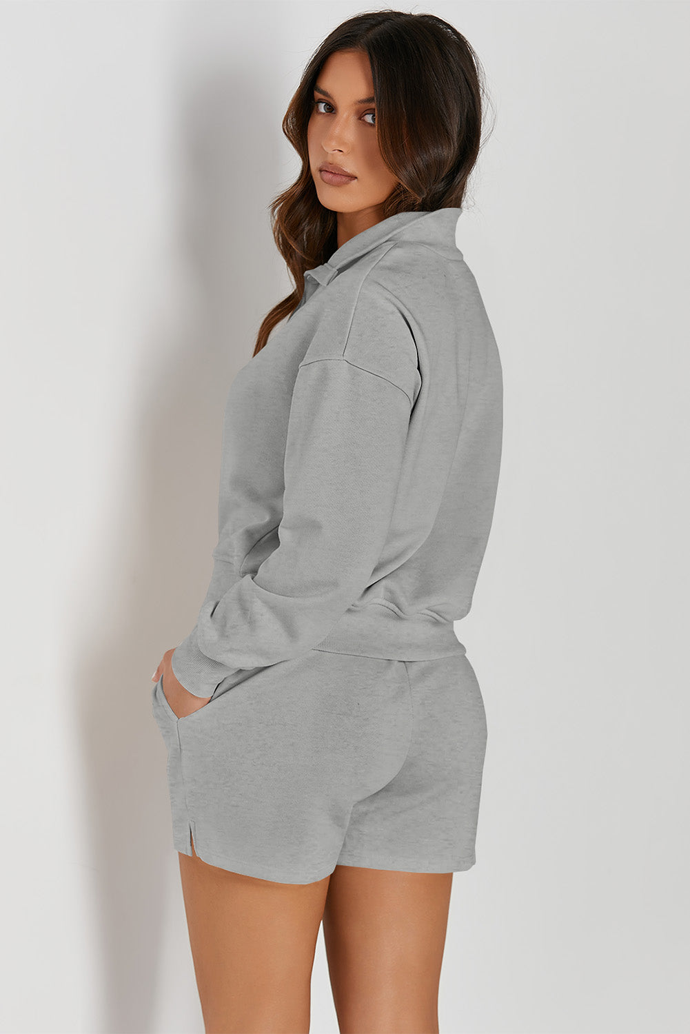 Half Button Sweatshirt and Shorts Active Set, NikkiandNaomi