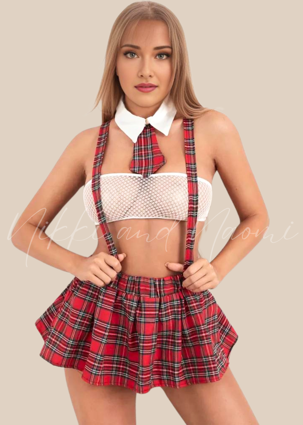 4-Piece Tartan Suspender Skirt Schoolgirl Costume Set