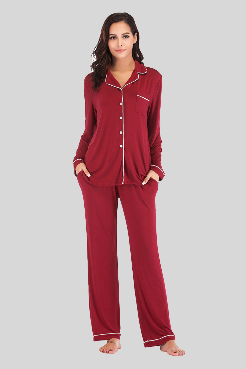 Collared Neck Long Sleeve Loungewear Set with Pockets, NikkiandNaomi