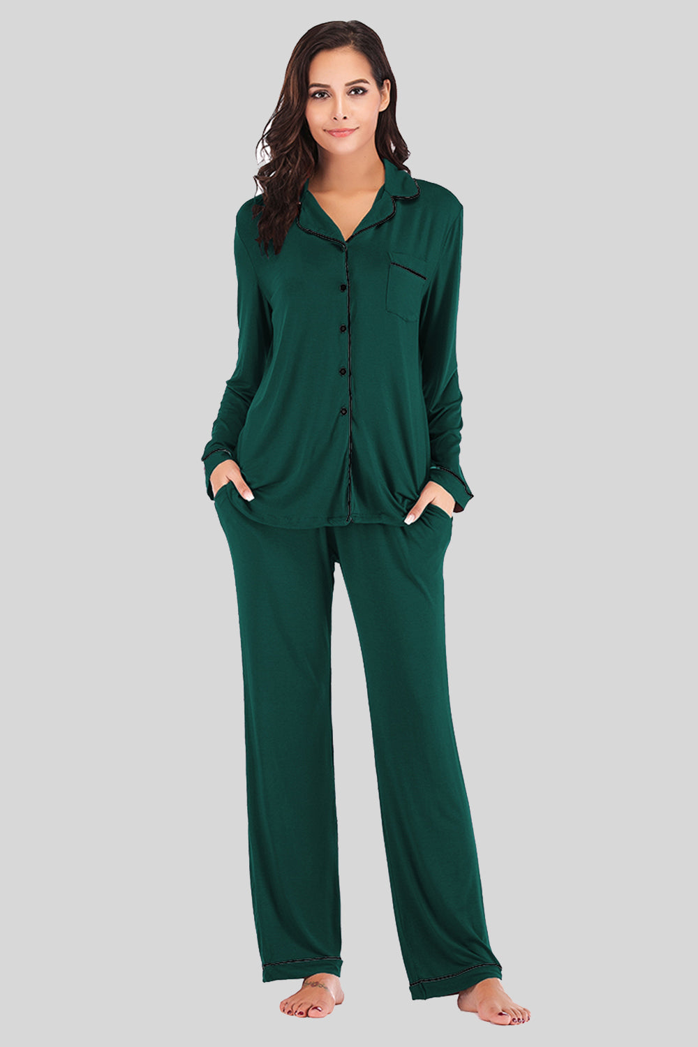 Collared Neck Long Sleeve Loungewear Set with Pockets, NikkiandNaomi