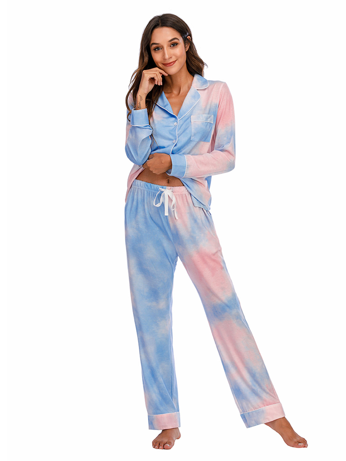 Collared Neck Long Sleeve Loungewear Set with Pockets, NikkiandNaomi