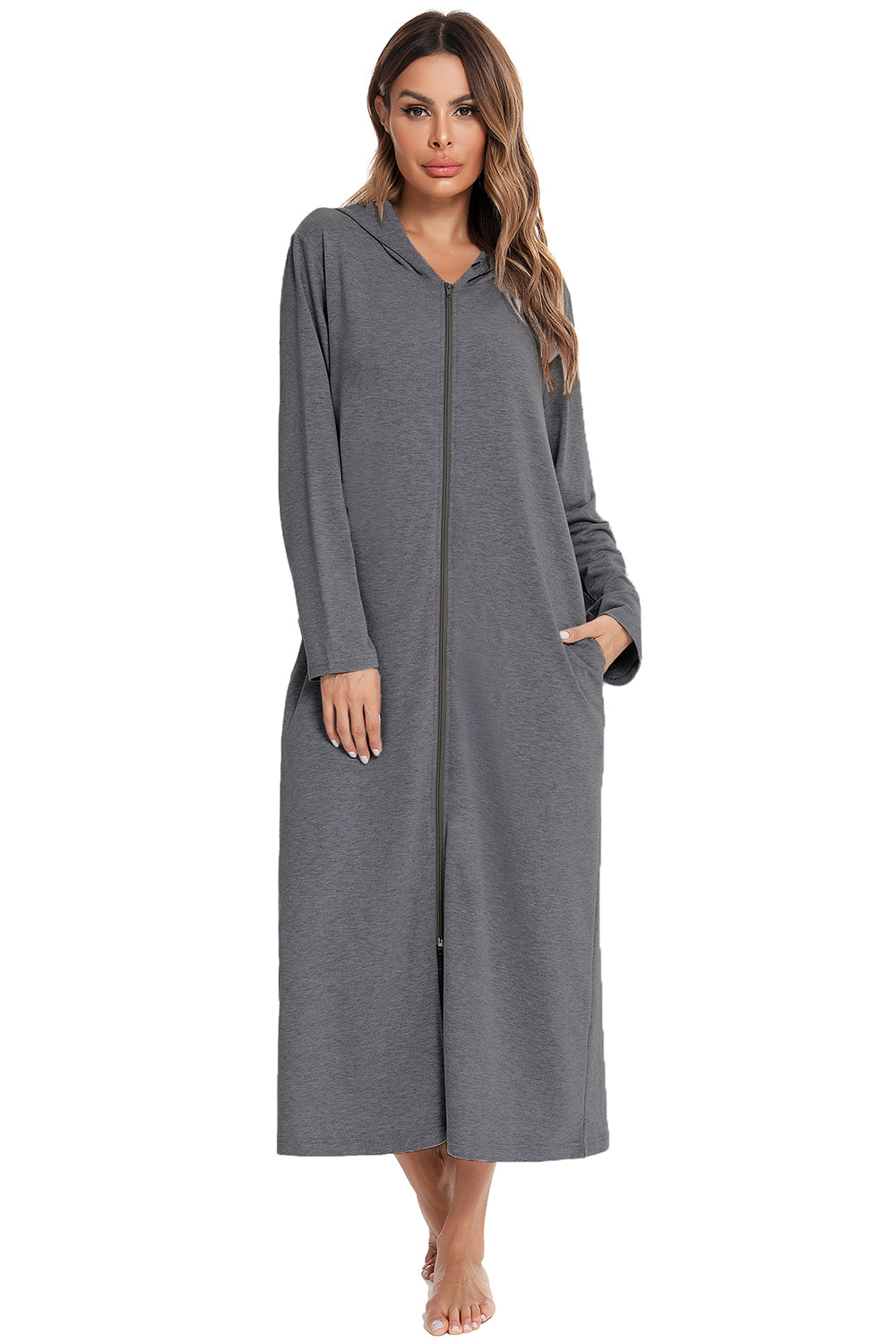 Zip Front Hooded Night Dress with Pockets, NikkiandNaomi