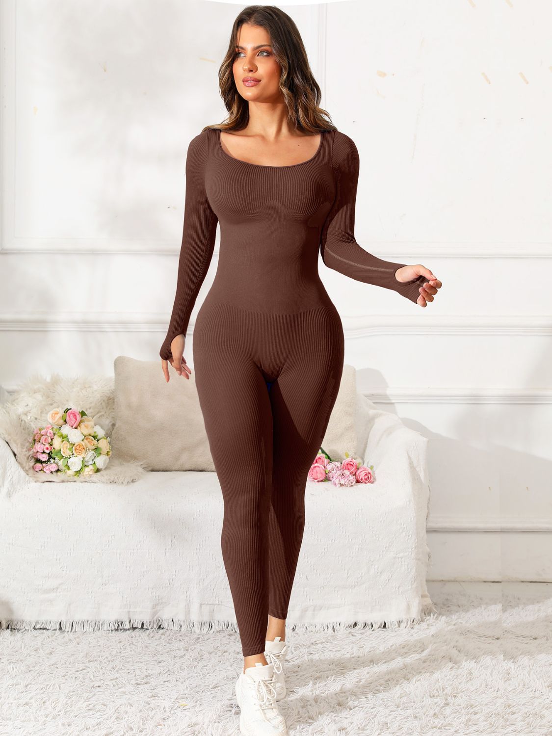 Scoop Neck Long Sleeve Active Jumpsuit, NikkiandNaomi