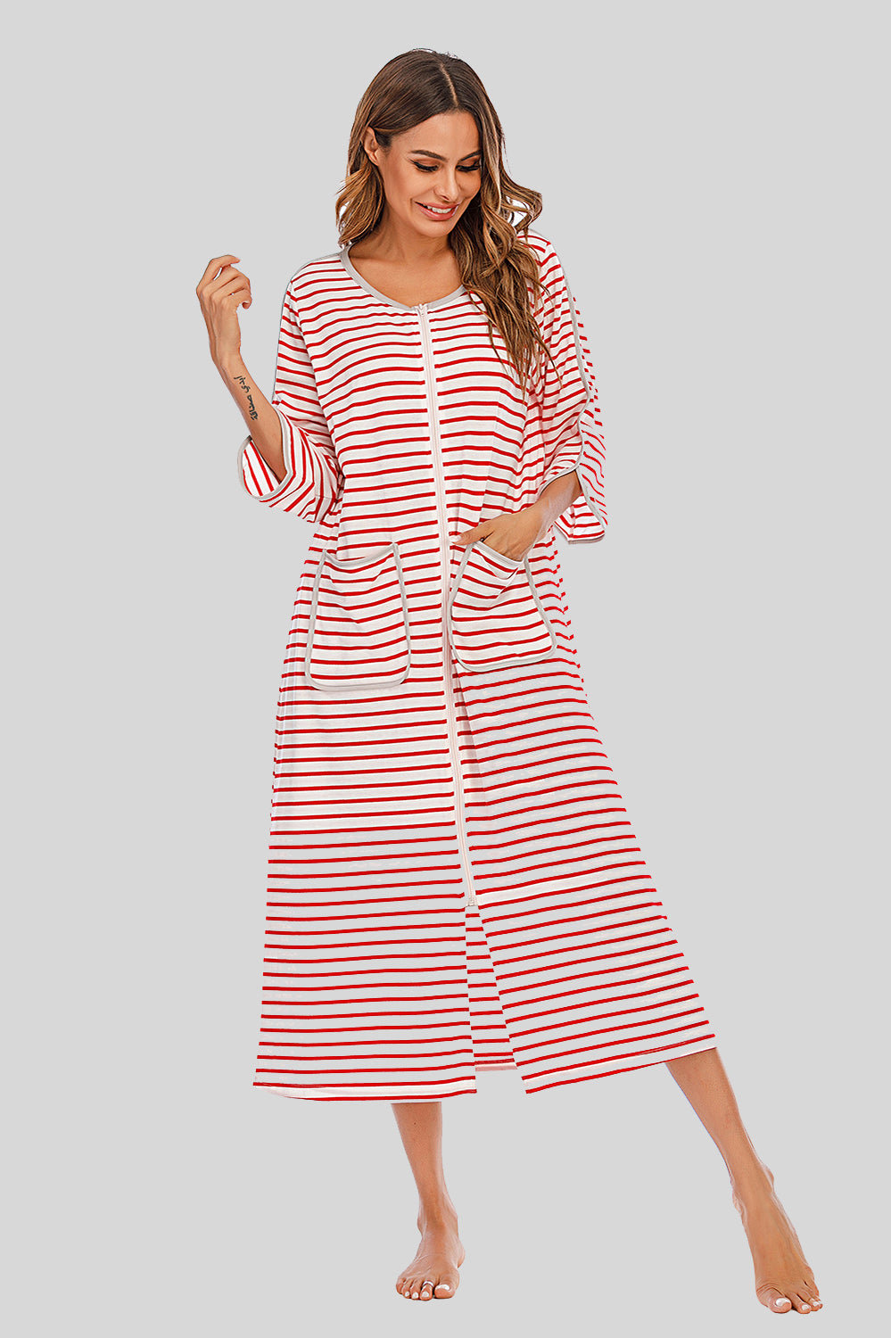 Round Neck Three-Quarter Sleeve Midi Night Dress, NikkiandNaomi