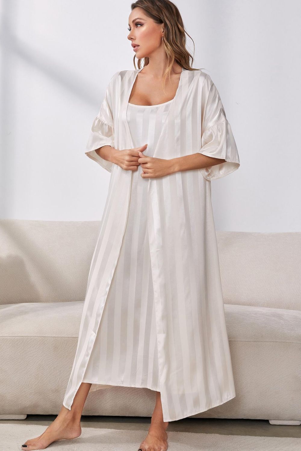 Striped Flounce Sleeve Open Front Robe and Cami Dress Set, NikkiandNaomi