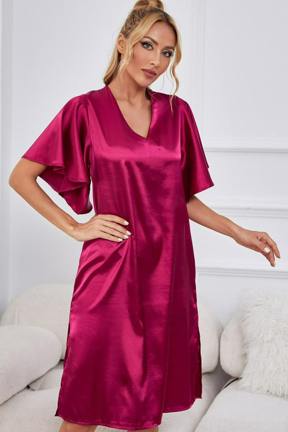 Satin Flutter Sleeve Side Slit V-Neck Night Dress, NikkiandNaomi