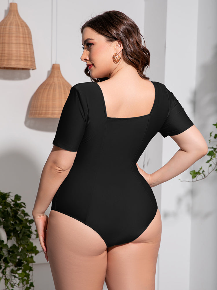 Plus Size Scoop Neck Short Sleeve One-Piece Swimsuit, NikkiandNaomi