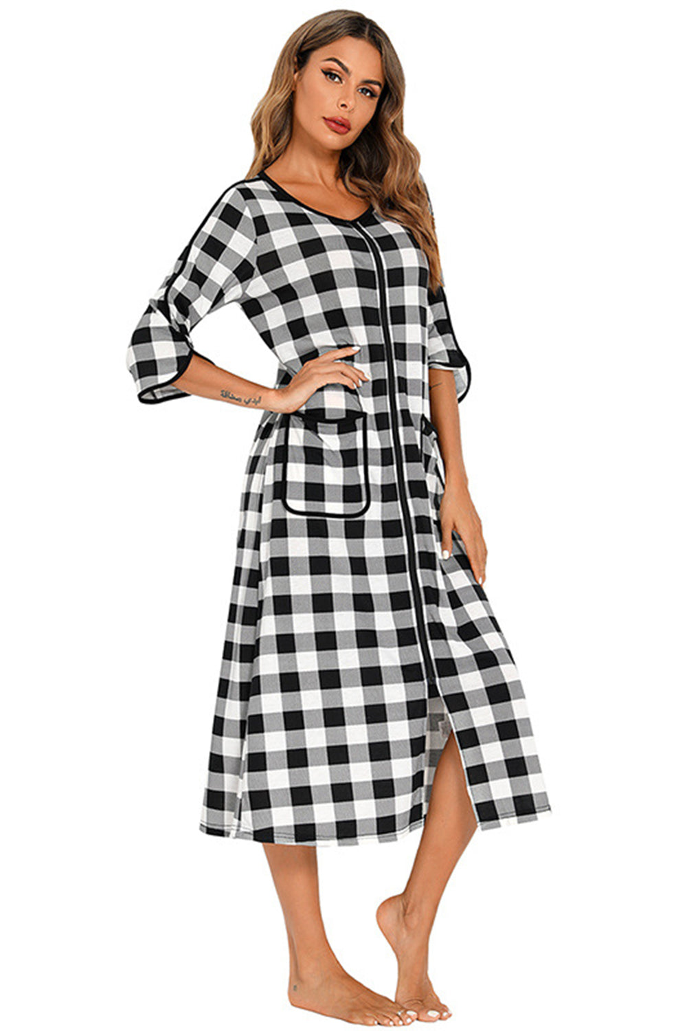 Round Neck Three-Quarter Sleeve Midi Night Dress, NikkiandNaomi