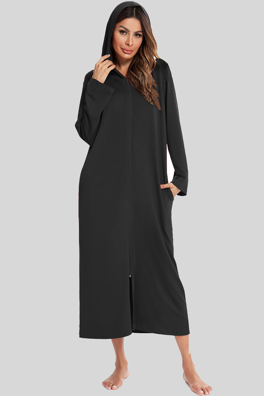 Zip Front Hooded Night Dress with Pockets, NikkiandNaomi