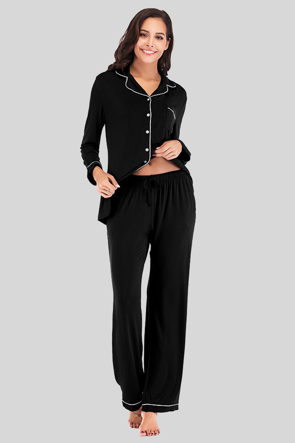 Collared Neck Long Sleeve Loungewear Set with Pockets, NikkiandNaomi