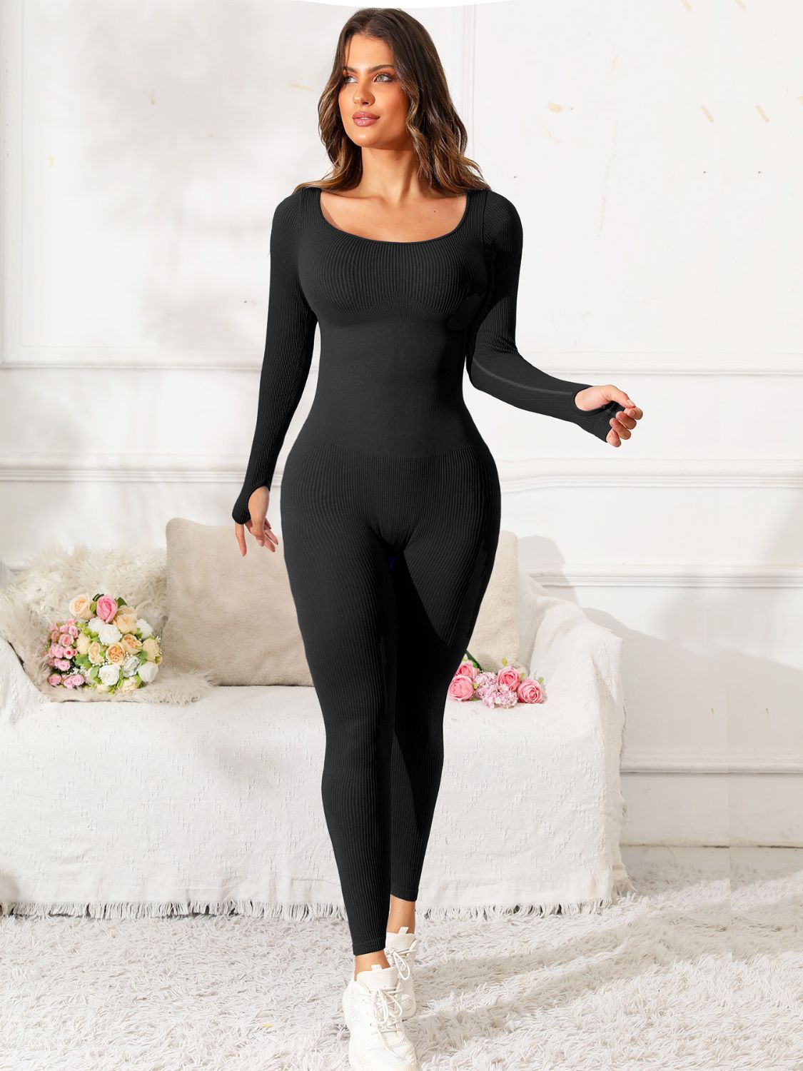 Scoop Neck Long Sleeve Active Jumpsuit, NikkiandNaomi