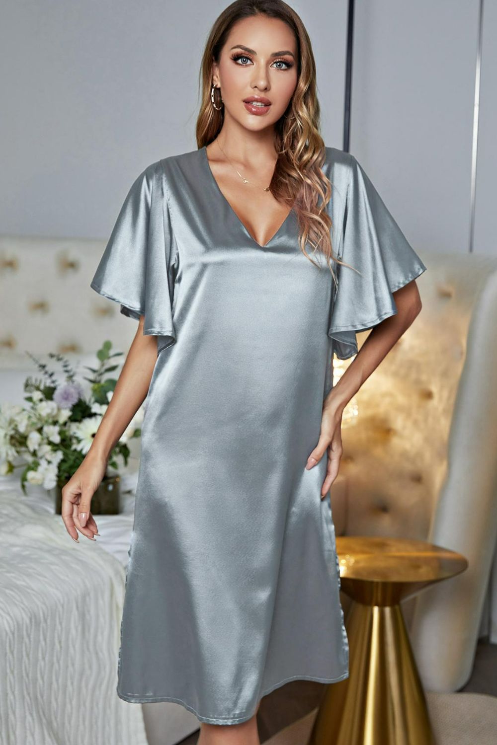 Satin Flutter Sleeve Side Slit V-Neck Night Dress, NikkiandNaomi