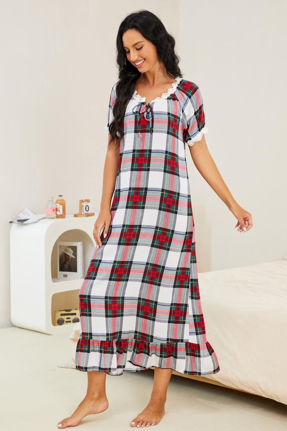 Plaid Lace Trim Ruffle Hem Night Dress, NikkiandNaomi