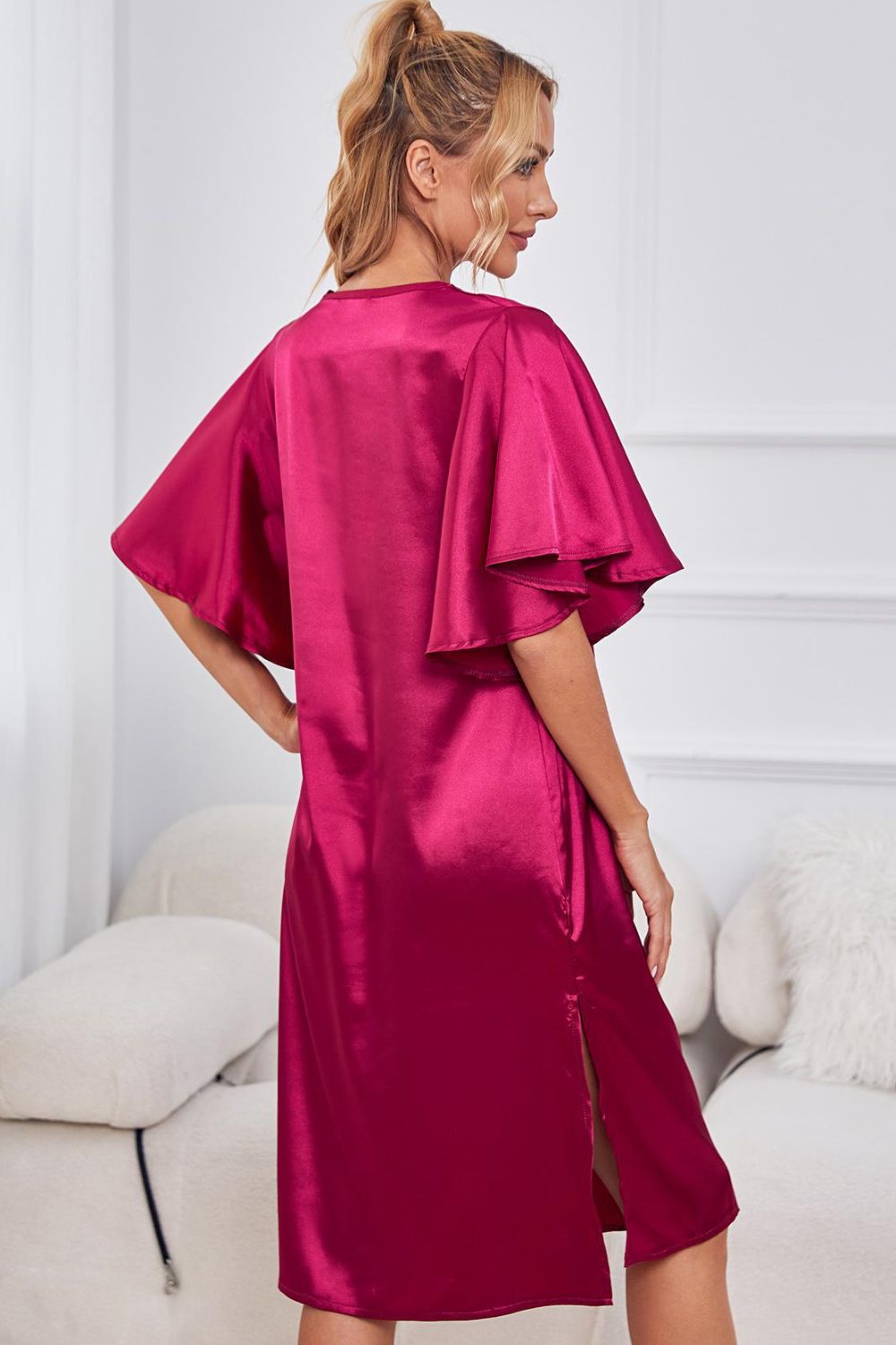 Satin Flutter Sleeve Side Slit V-Neck Night Dress, NikkiandNaomi