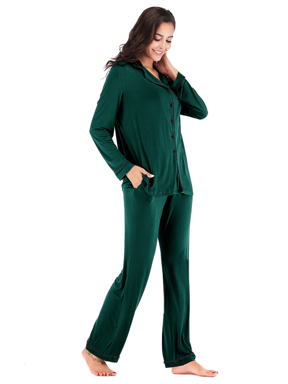 Collared Neck Long Sleeve Loungewear Set with Pockets, NikkiandNaomi