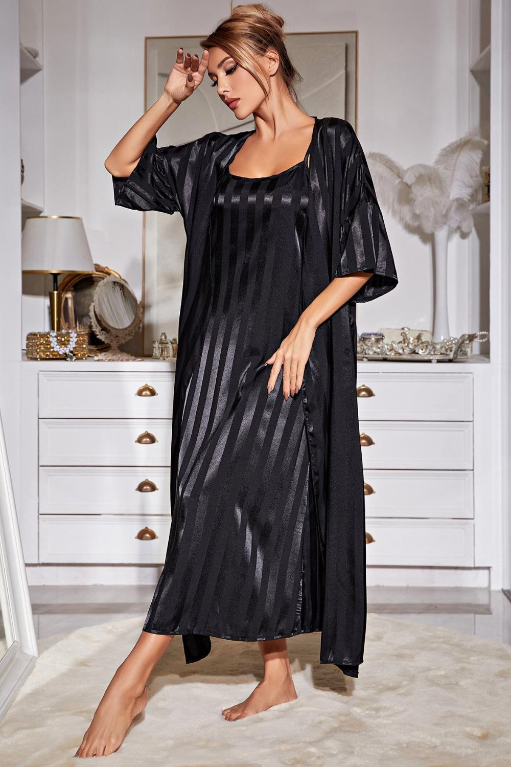 Striped Flounce Sleeve Open Front Robe and Cami Dress Set, NikkiandNaomi