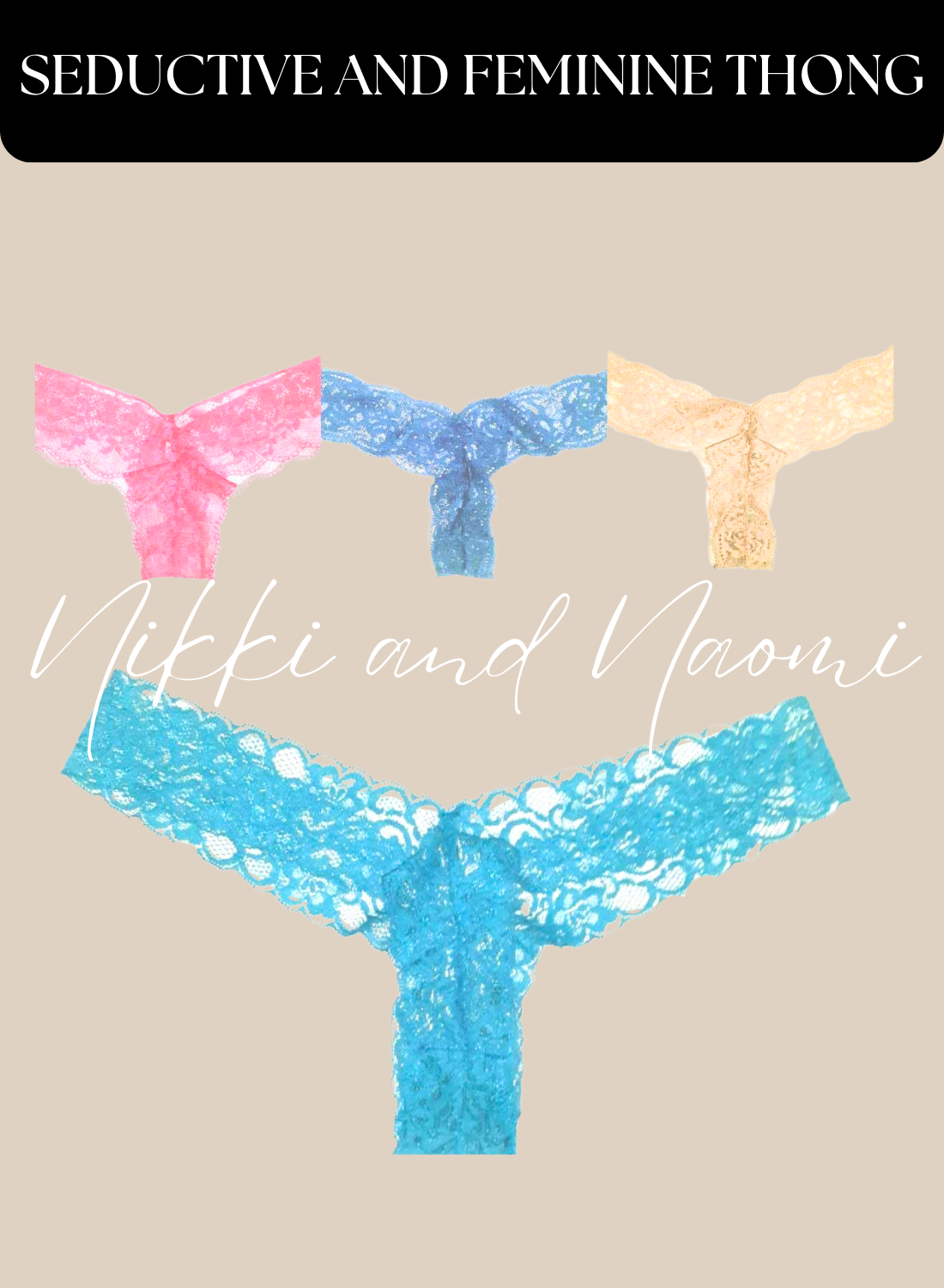 Two pairs of stretch lace thong panties in assorted colors.