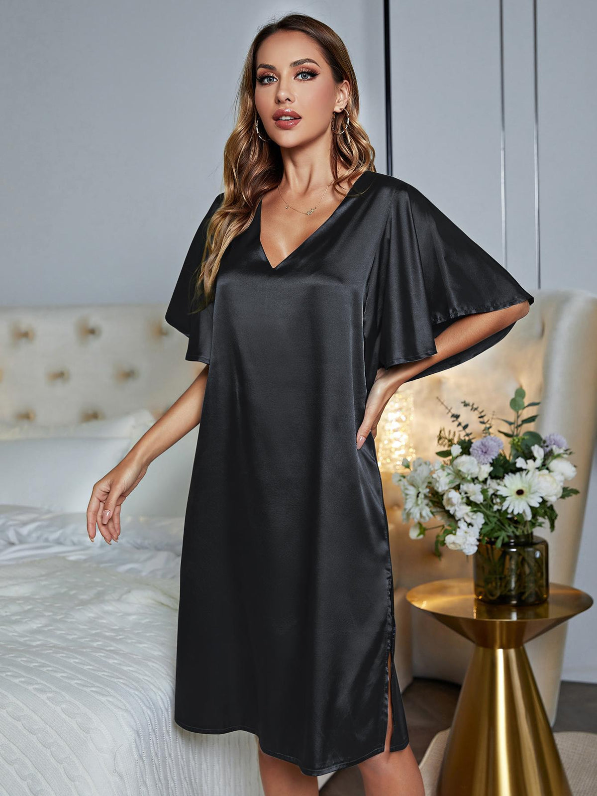 V-Neck Flutter Sleeve Night Dress, NikkiandNaomi