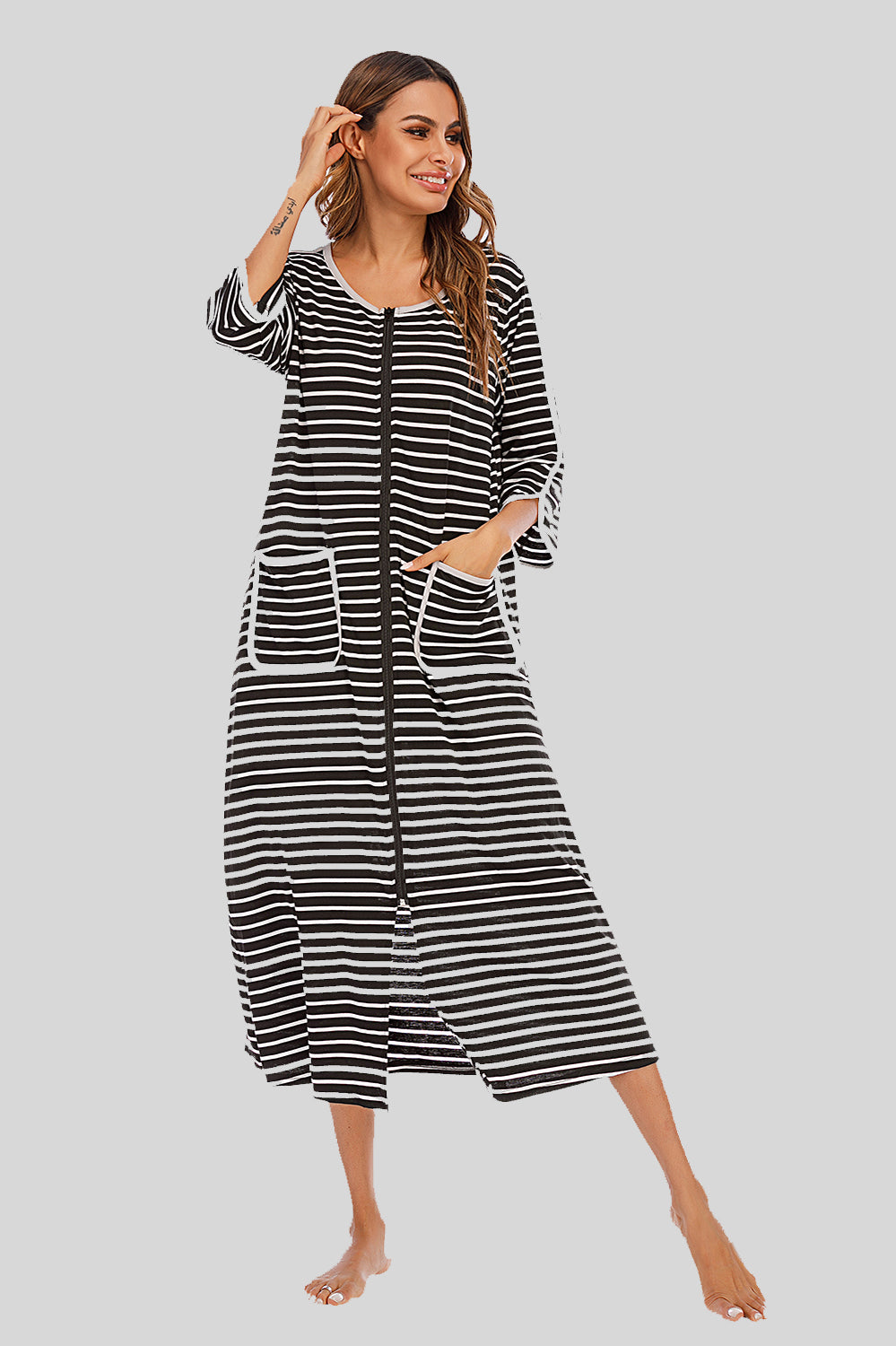 Round Neck Three-Quarter Sleeve Midi Night Dress, NikkiandNaomi