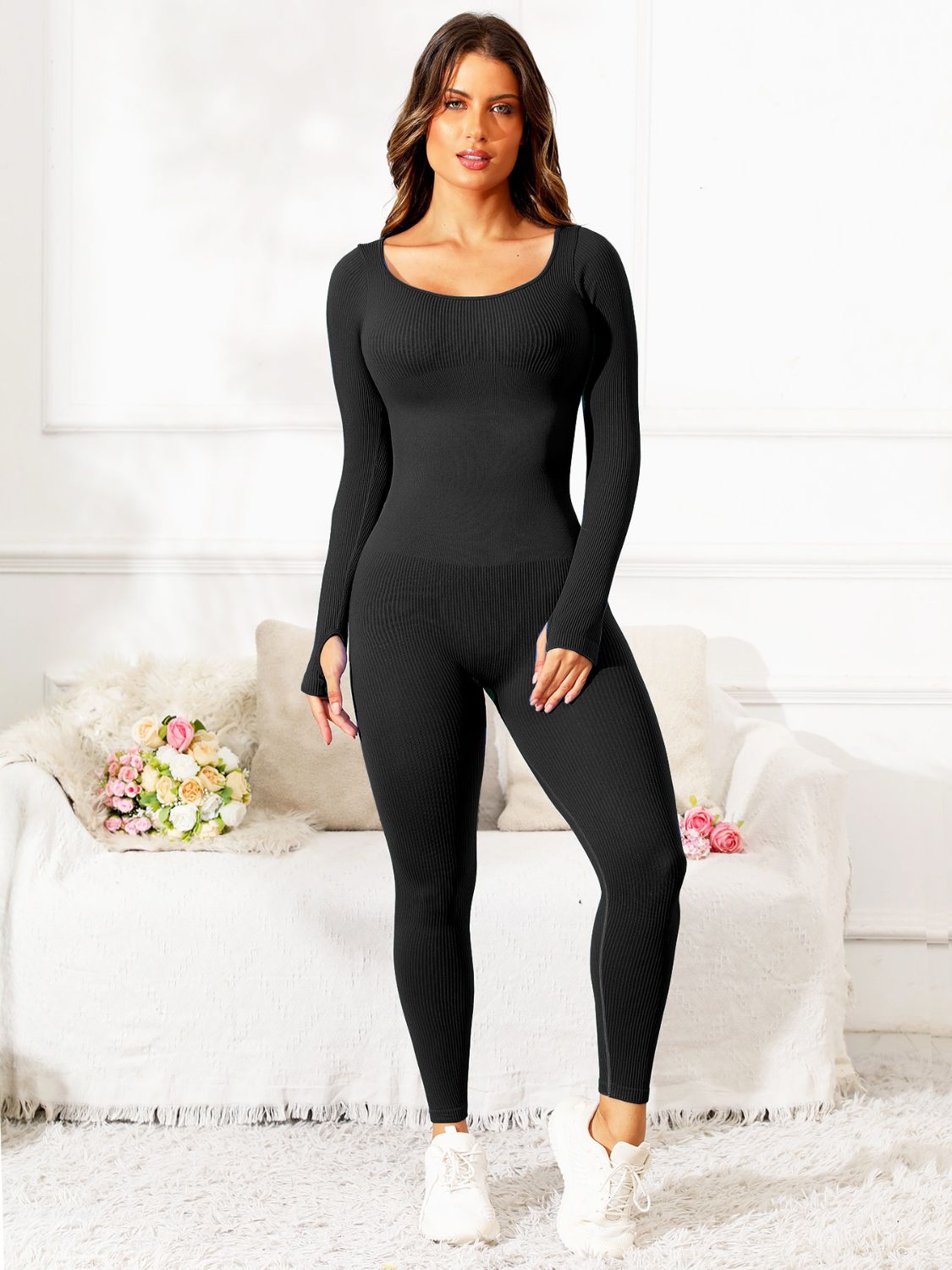 Scoop Neck Long Sleeve Active Jumpsuit, NikkiandNaomi