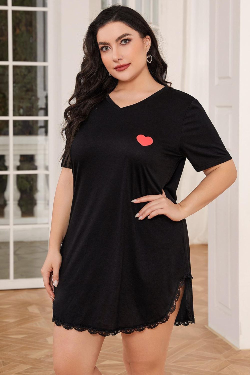 Plus Size Lace Trim V-Neck Short Sleeve Night Dress, NikkiandNaomi