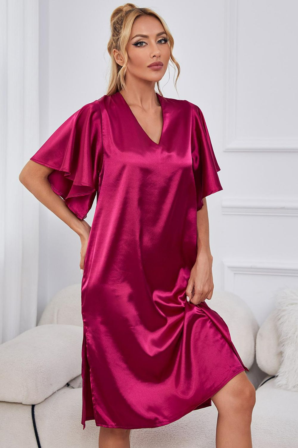 Satin Flutter Sleeve Side Slit V-Neck Night Dress, NikkiandNaomi