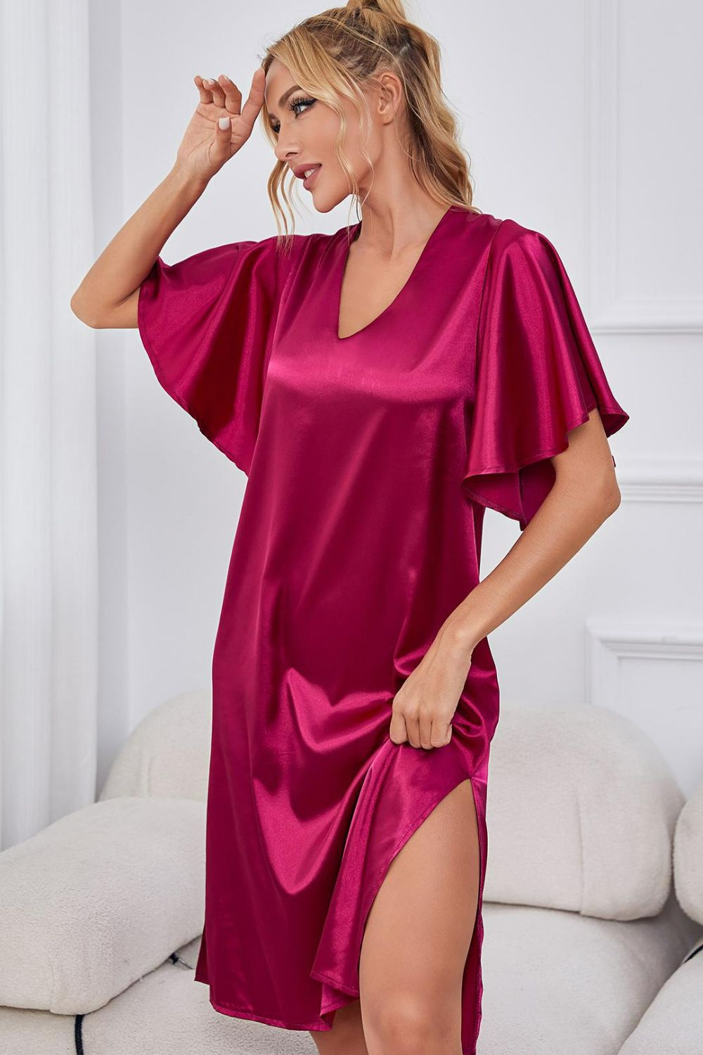 Satin Flutter Sleeve Side Slit V-Neck Night Dress, NikkiandNaomi