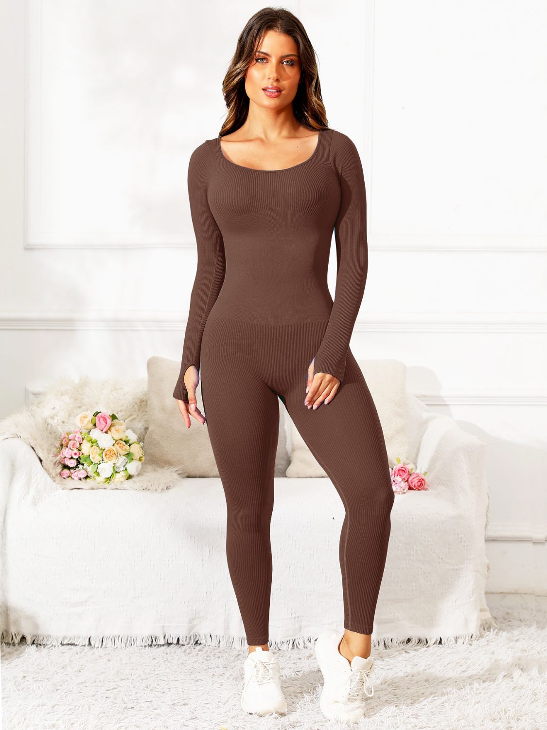 Scoop Neck Long Sleeve Active Jumpsuit, NikkiandNaomi