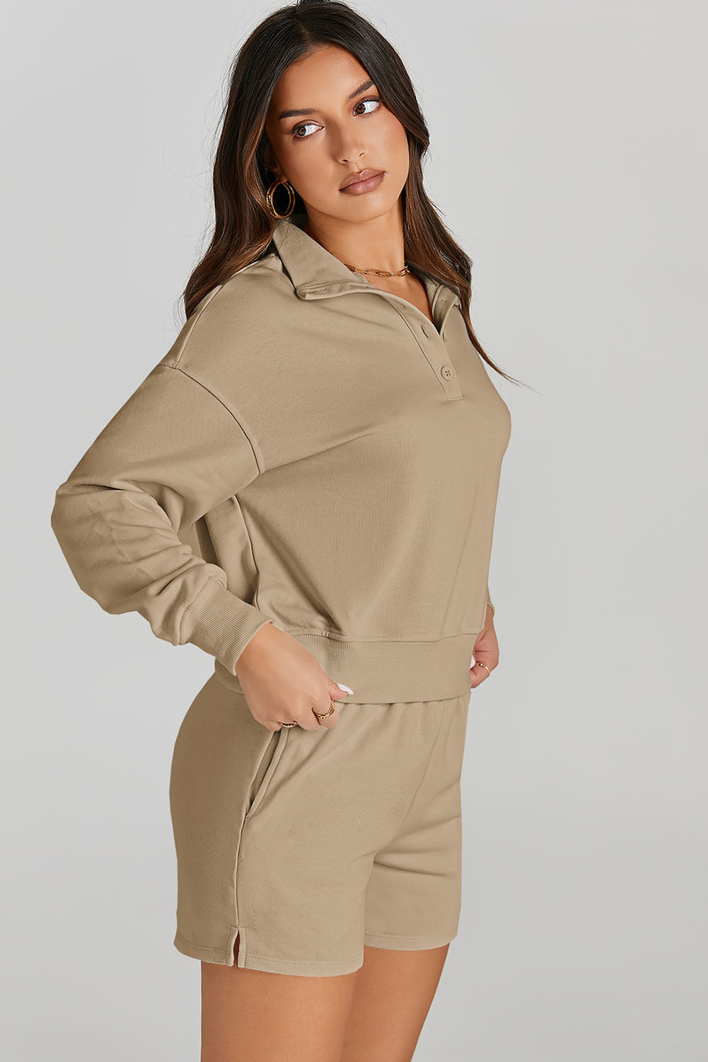 Half Button Sweatshirt and Shorts Active Set, NikkiandNaomi