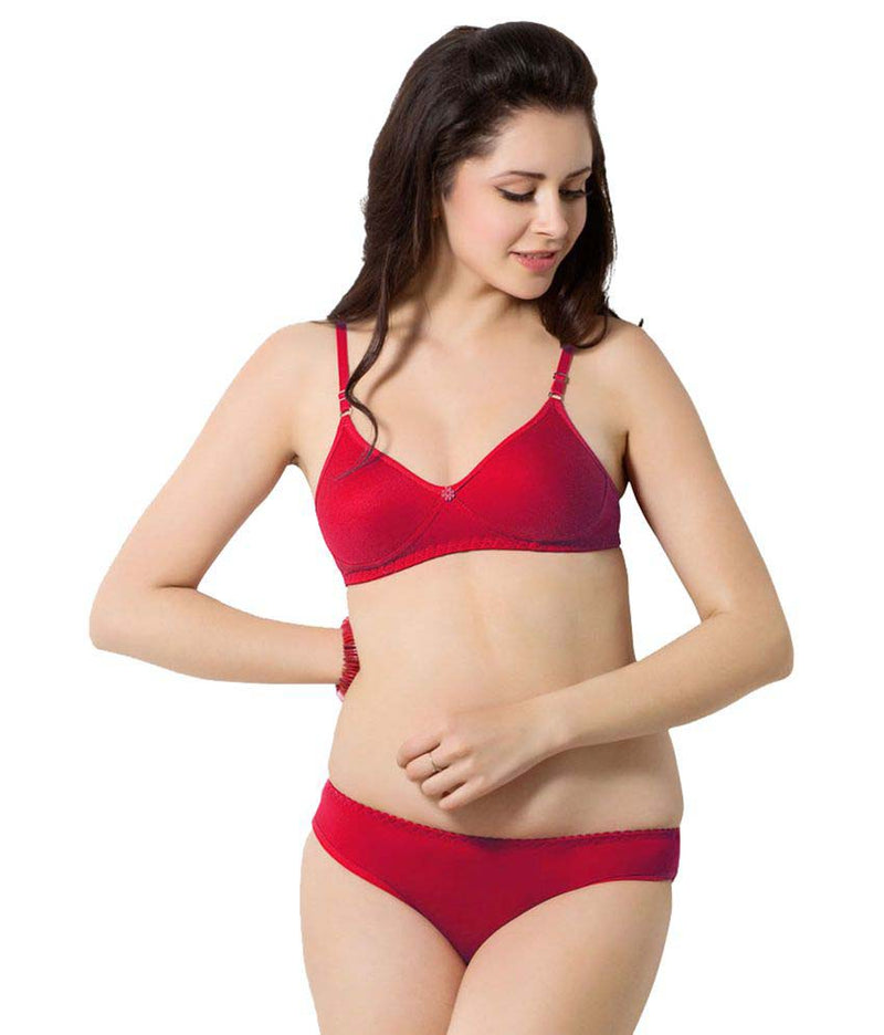 Cute Solid Red Pure Cotton Bra Panty Set, NikkiandNaomi