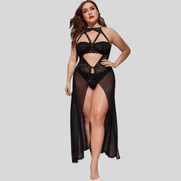 Plus Size Split Long Mesh Babydoll Nightwear, NikkiandNaomi