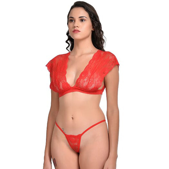 Very Sexy Conjunto de tanga con sujetador de encaje rojo