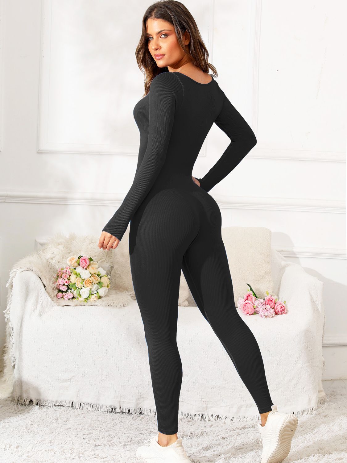 Scoop Neck Long Sleeve Active Jumpsuit, NikkiandNaomi